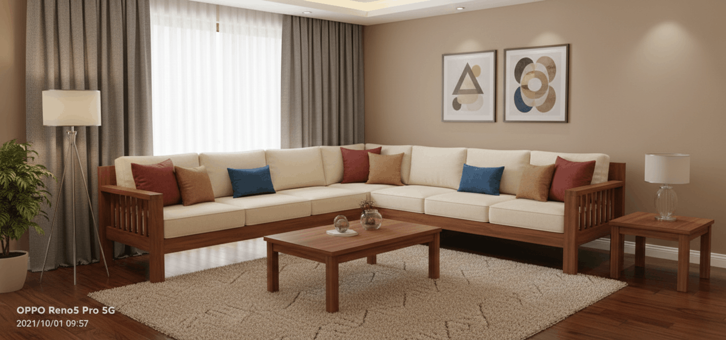 Fabric leather recliner and L-shaped sofas at furniture store in Pune